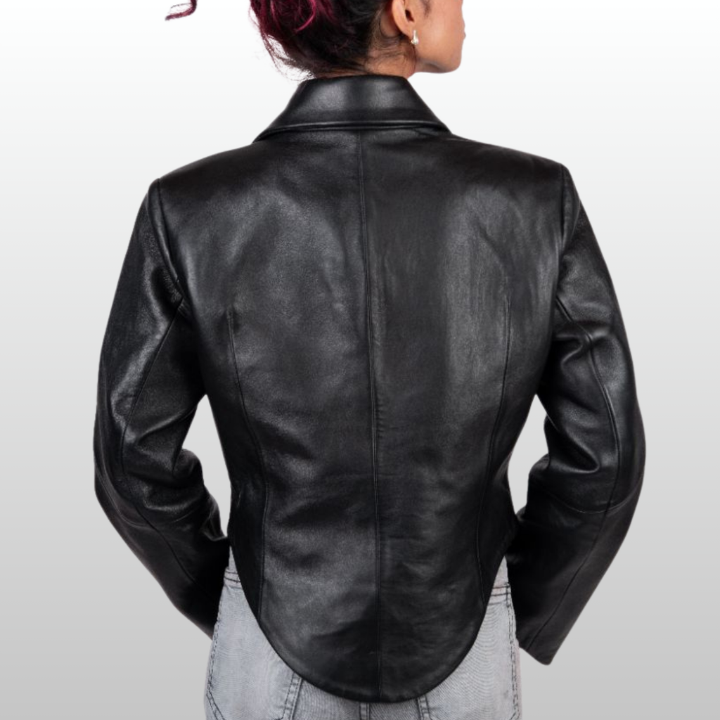 Black leather jacket worn by a person on a white background Blaatan The Ardent Women's Edition Obsidian Black Party Wear Leather Jacket