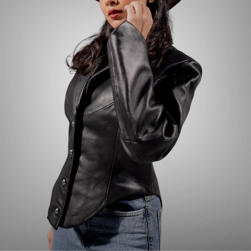 Person wearing a black leather jacket on a gray background blaatan Blaatan The Ardent Women's Edition Obsidian Black Party Wear Leather Jacket