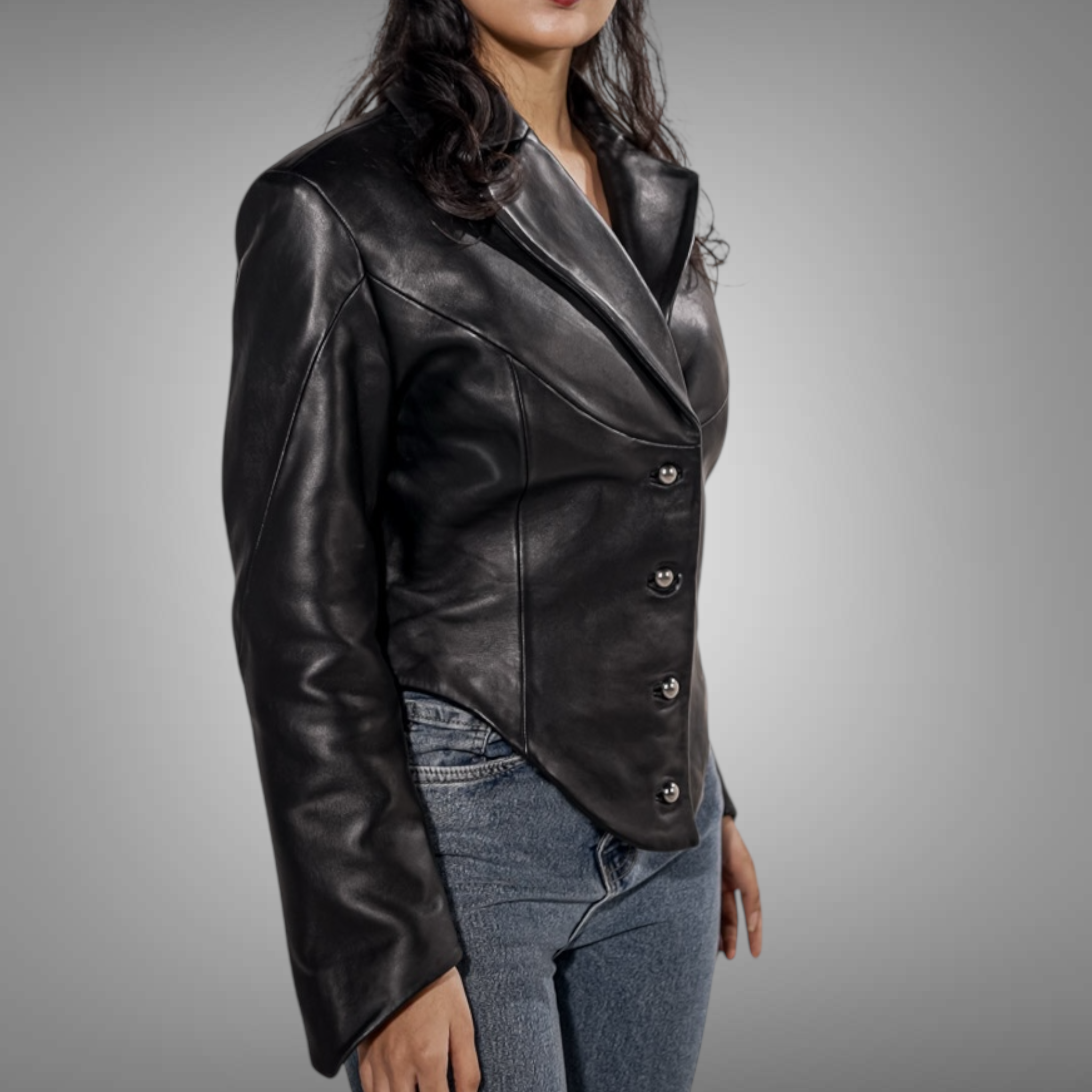 Person wearing a black leather jacket on a gray background blaatan Blaatan The Ardent Women's Edition Obsidian Black Party Wear Leather Jacket