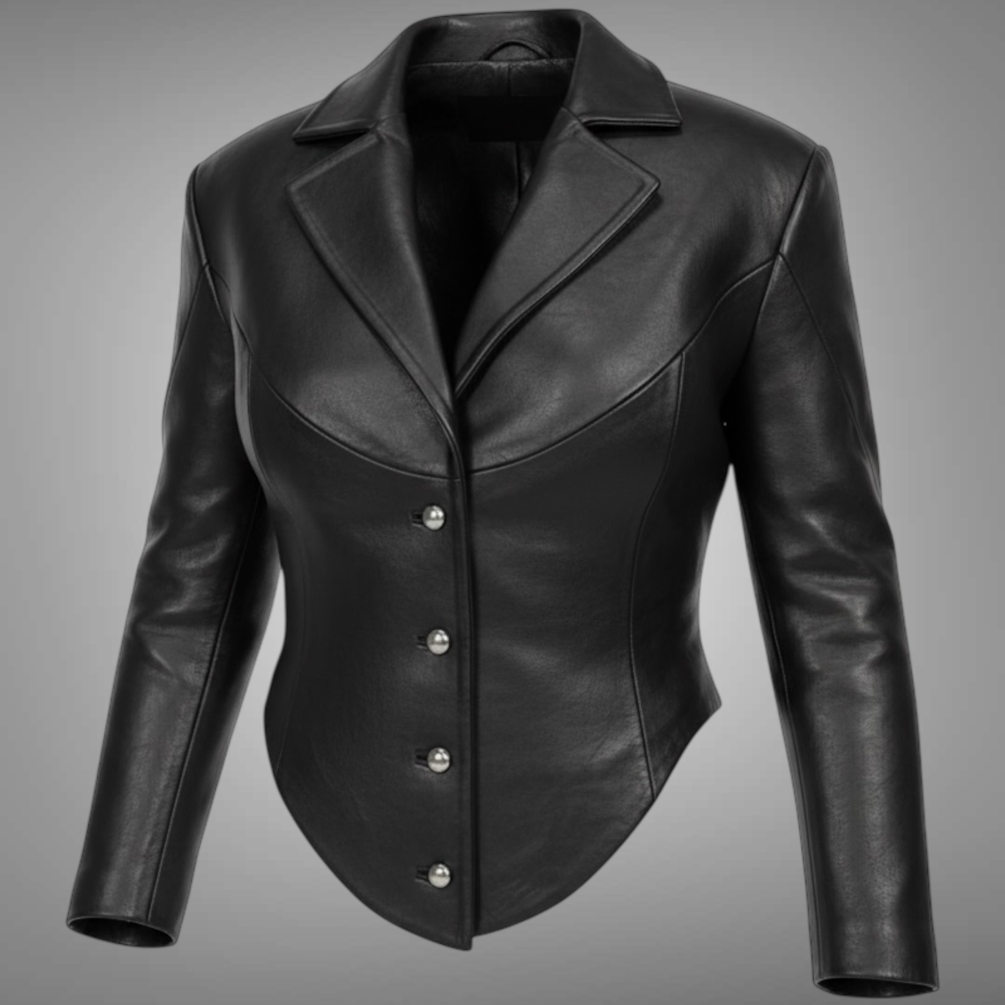 Black leather jacket with silver buttons on a gray background Blaatan The Ardent Women's Edition Obsidian Black Party Wear Leather Jacket blaatan