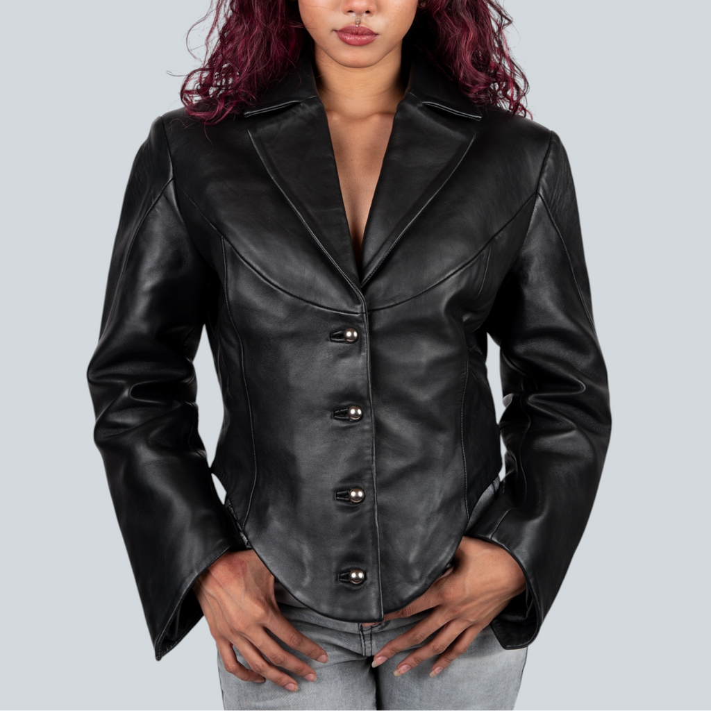 Black leather jacket worn by a person on a plain background Blaatan The Ardent Women's Edition Obsidian Black Party Wear Leather Jacket