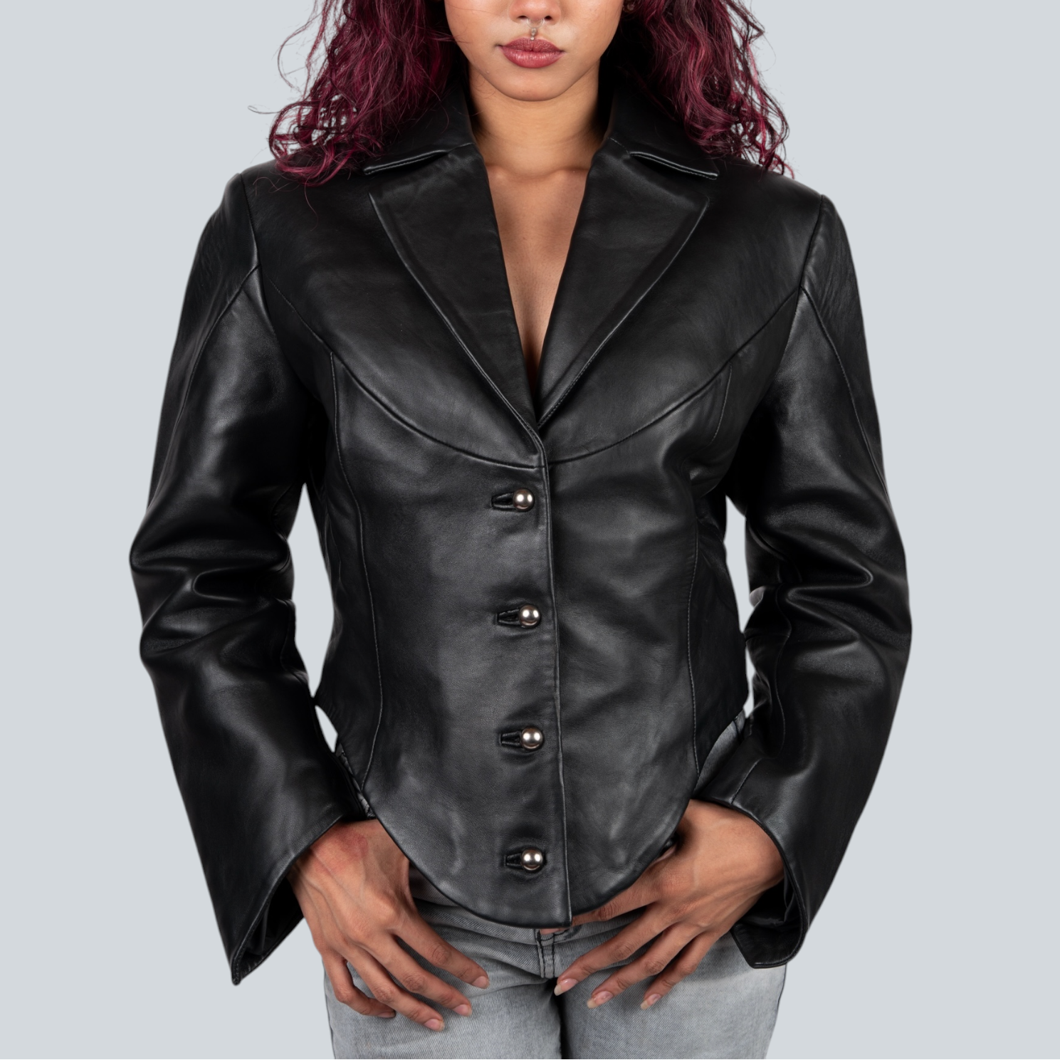 Black leather jacket worn by a person on a plain background Blaatan The Ardent Women's Edition Obsidian Black Party Wear Leather Jacket