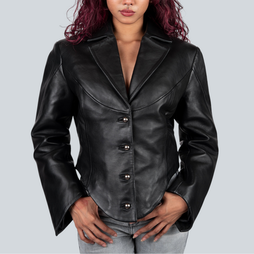 Black leather jacket worn by a person on a plain background Blaatan The Ardent Women's Edition Obsidian Black Party Wear Leather Jacket