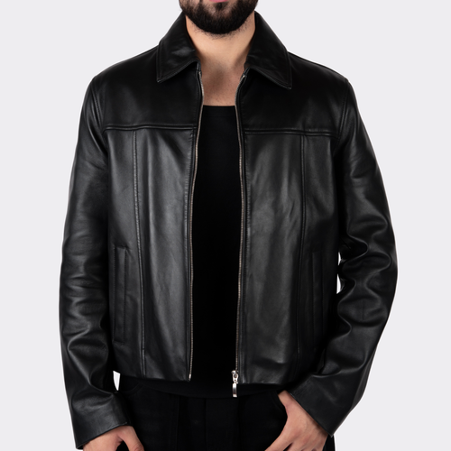 Black leather jacket worn by a person on a white background Blaatan The Axiom Classic Edition Obsidian Black Streetwear Leather Jacket for Men