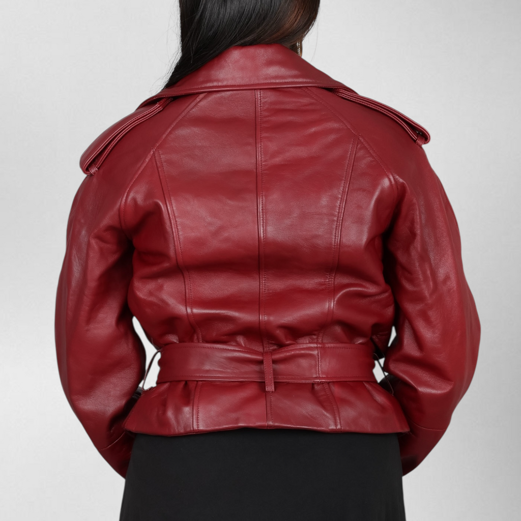 Red leather jacket worn by a person on a white background Blaatan The Cordova Crimson Edition Crimson Burgundy Party Wear Leather Jacket for Women
