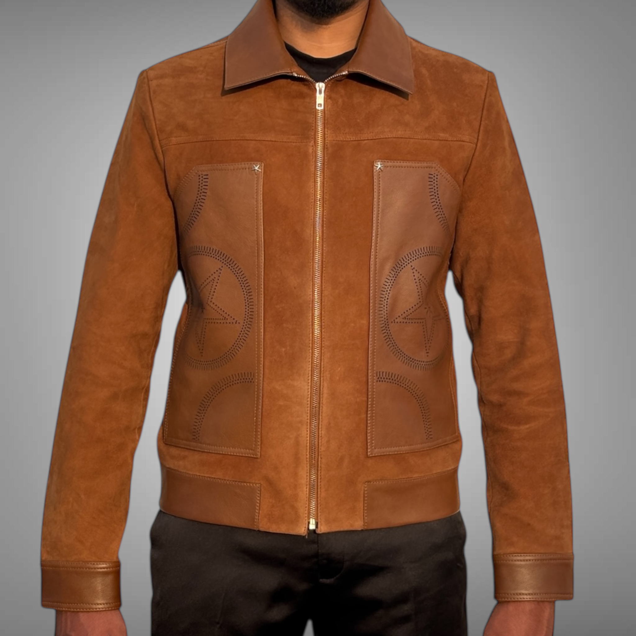 Brown leather jacket with star designs on a gray background by Blaatan
