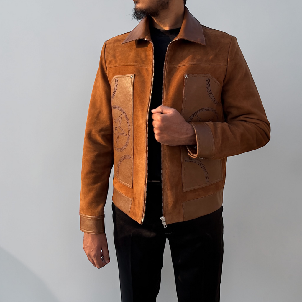 Man wearing a brown suede jacket against a gray background by Blaatan