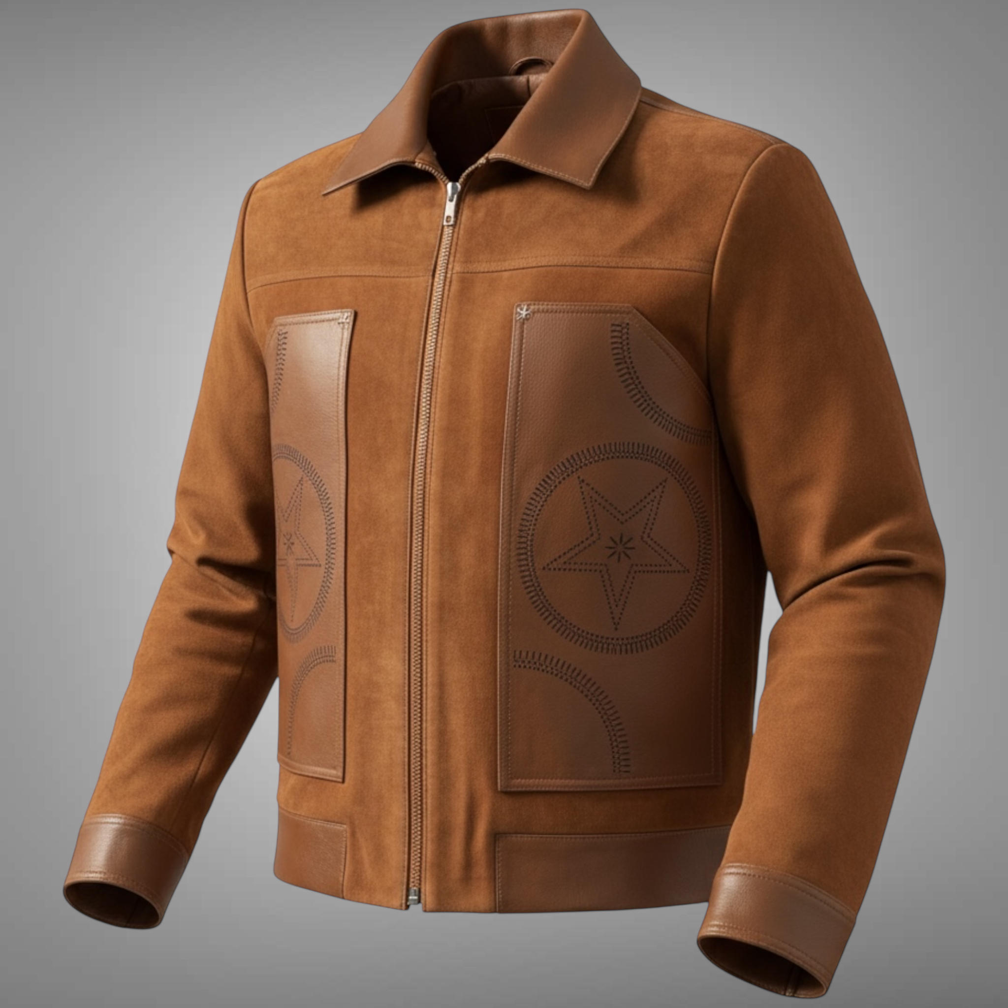 Brown leather jacket with star design on a gray background by Blaatan