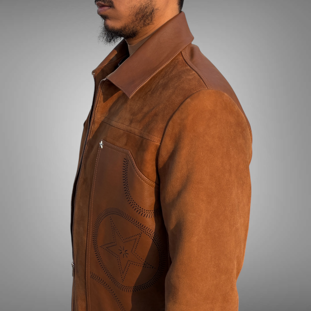 Brown Suede leather jacket with star design on a gray background By Blaatan