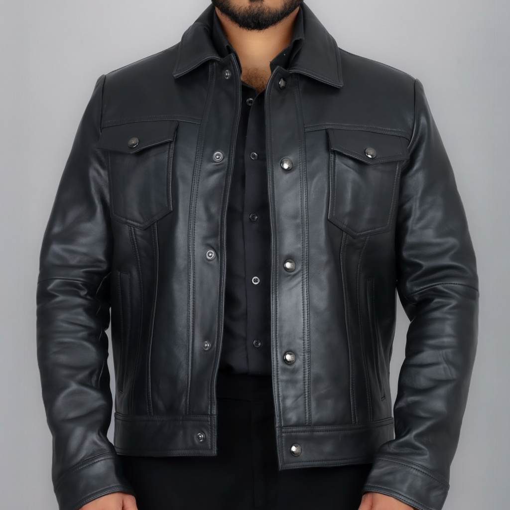 Black leather jacket worn by a person on a gray background Blaatan The Drover Midnight Edition Obsidian Black Casual Leather Jacket for Men