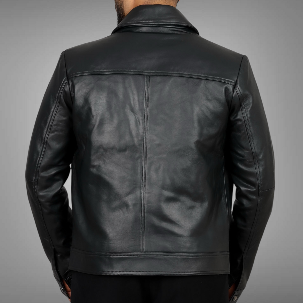 Black leather jacket worn by a person on a gray background Blaatan The Drover Midnight Edition Obsidian Black Casual Leather Jacket for Men