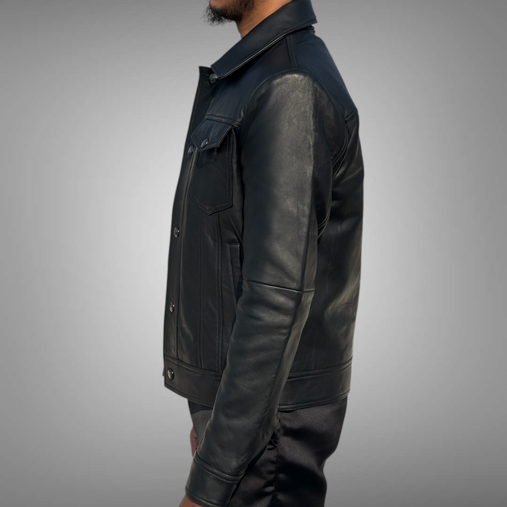 Black leather jacket worn by a person on a gray background Blaatan The Drover Midnight Edition Obsidian Black Casual Leather Jacket for Men