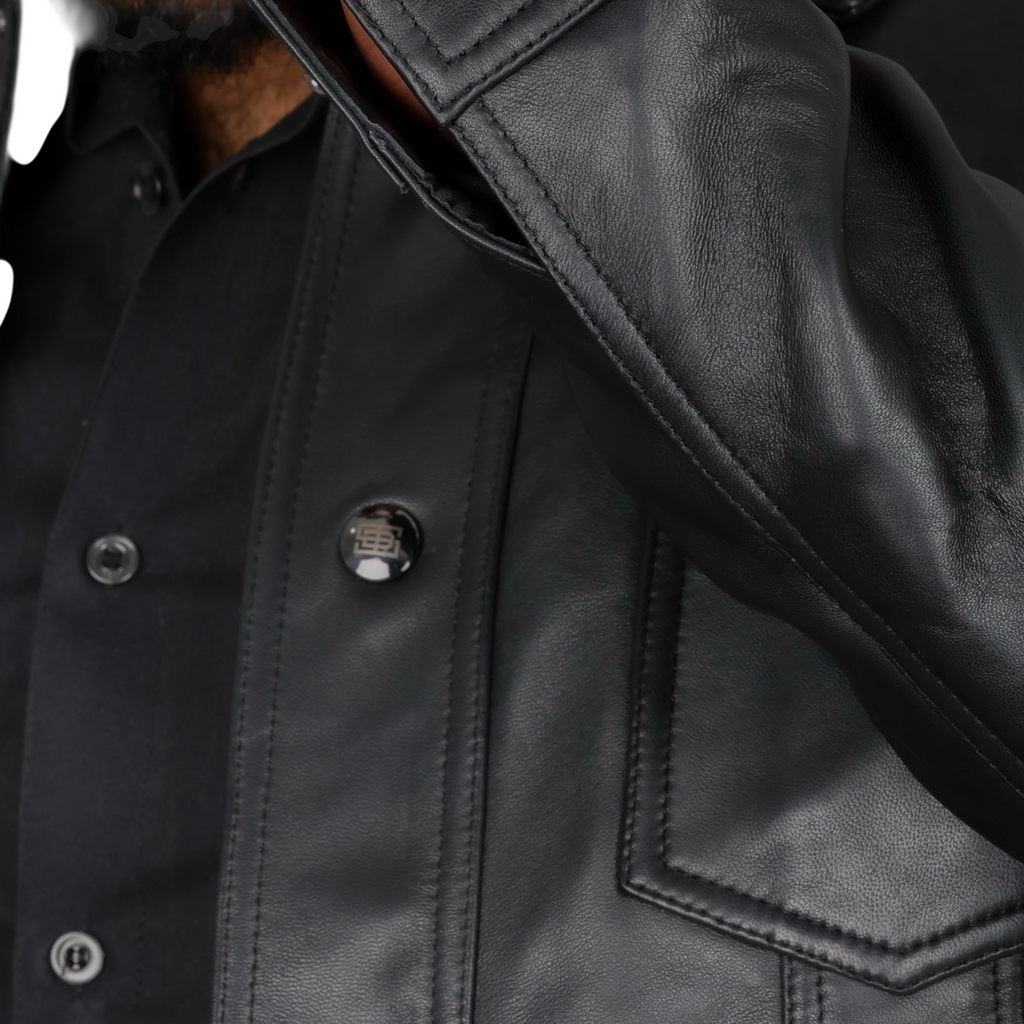 Close-up of a black leather jacket with buttons Blaatan The Drover Midnight Edition Obsidian Black Casual Leather Jacket for Men