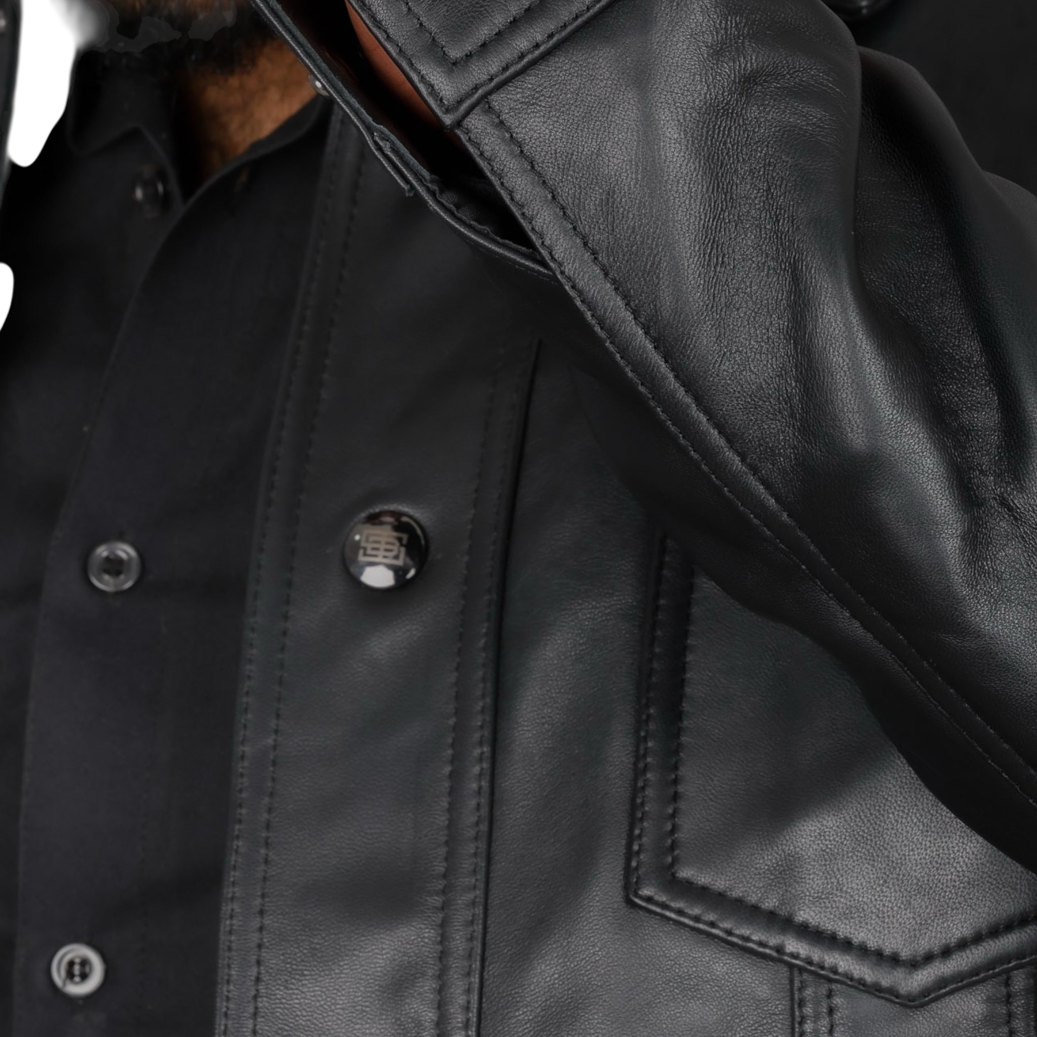 Close-up of a black leather jacket with buttons Blaatan The Drover Midnight Edition Obsidian Black Casual Leather Jacket for Men