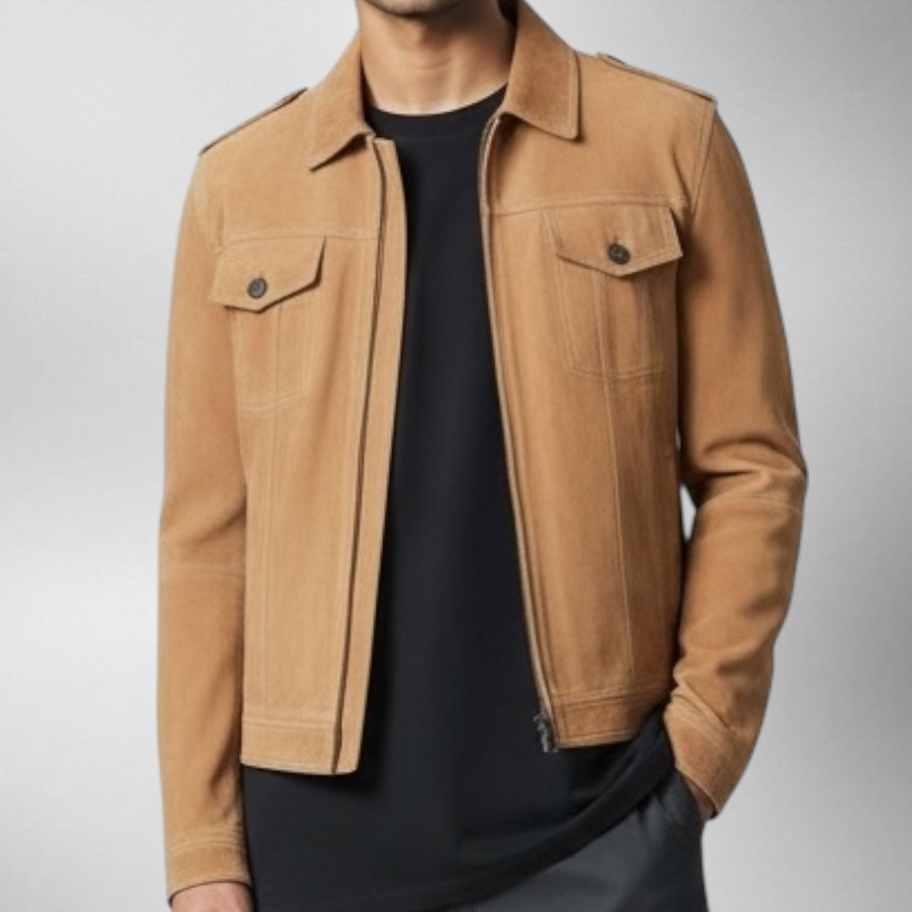 Tan jacket worn by a person on a plain background Blaatan The Dune Camel Edition Desert Camel Streetwear Jacket for Men