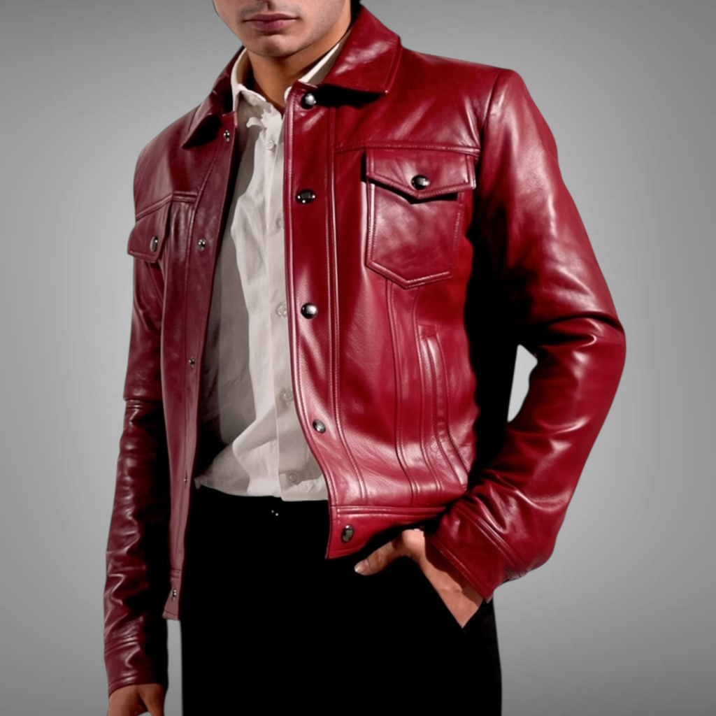 Red leather jacket worn by a person on a gray background Blaatan The Garnet Crimson Edition Crimson Burgundy Leather Jacket for Men