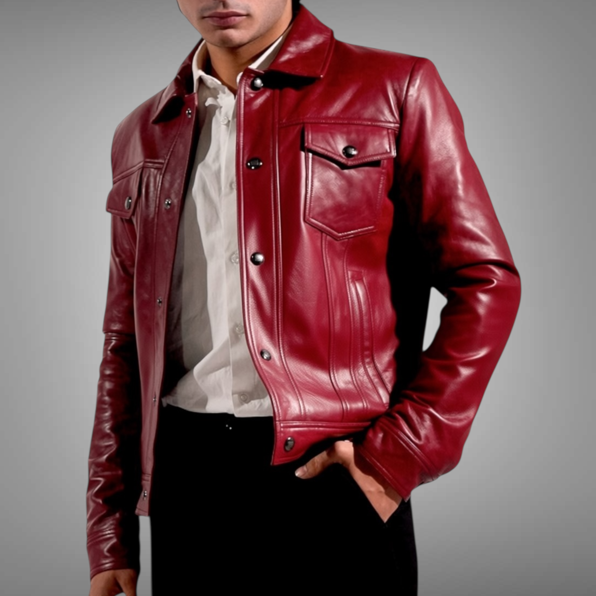 Red leather jacket worn by a person on a gray background Blaatan The Garnet Crimson Edition Crimson Burgundy Leather Jacket for Men