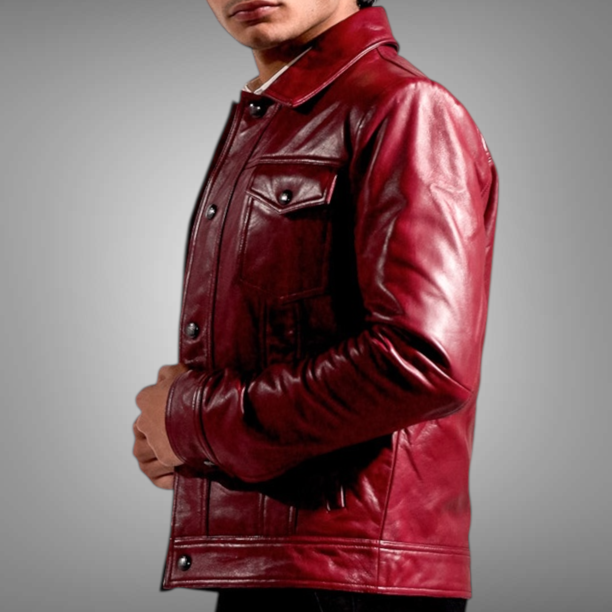 Red leather jacket worn by a person on a gray background Blaatan The Garnet Crimson Edition Crimson Burgundy Leather Jacket for Men