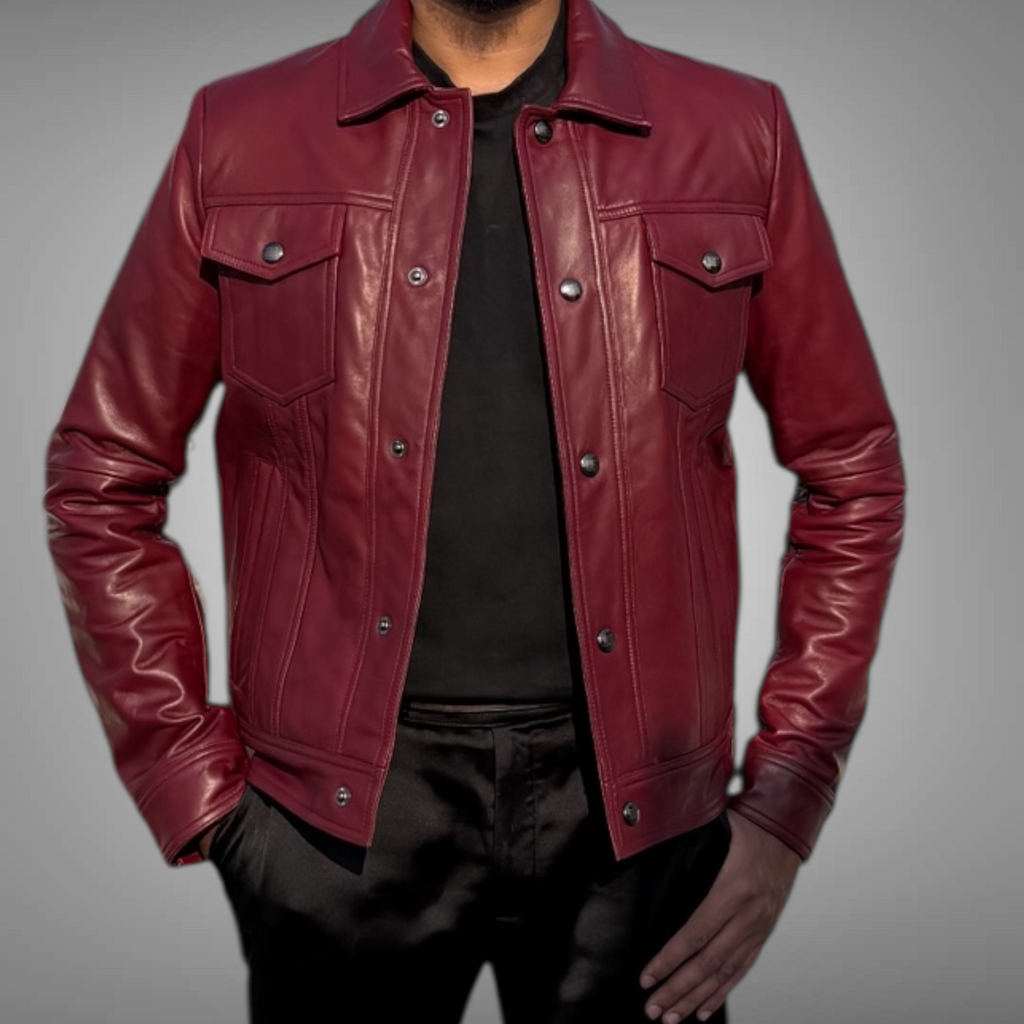 Red leather jacket worn by a person on a gray background Blaatan The Garnet Crimson Edition Crimson Burgundy Leather Jacket for Men