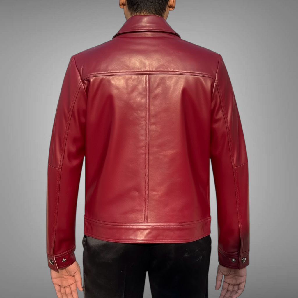 Red leather jacket worn by a person on a gray background Blaatan The Garnet Crimson Edition Crimson Burgundy Leather Jacket for Men