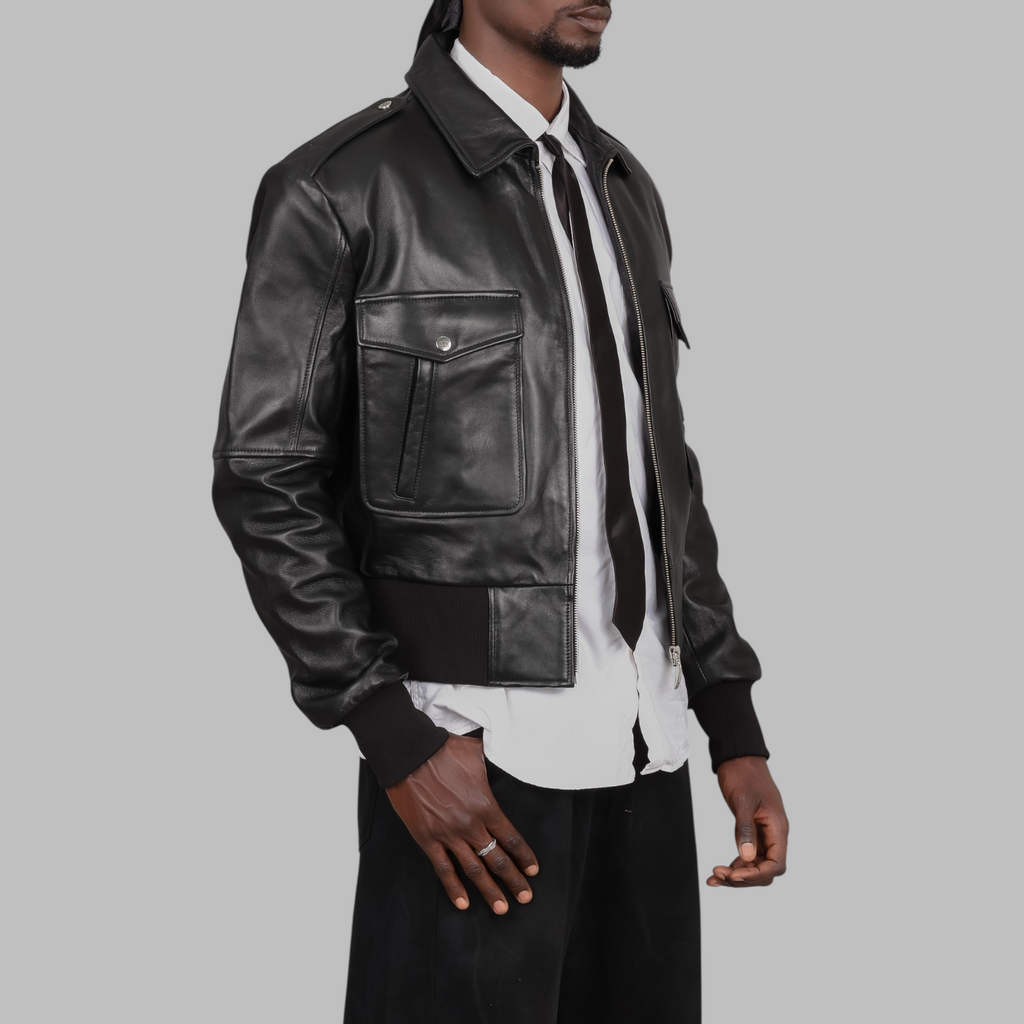 Blaatan The Marshal Flight Edition Obsidian Black Aviator Bomber Leather Jacket for Men 005