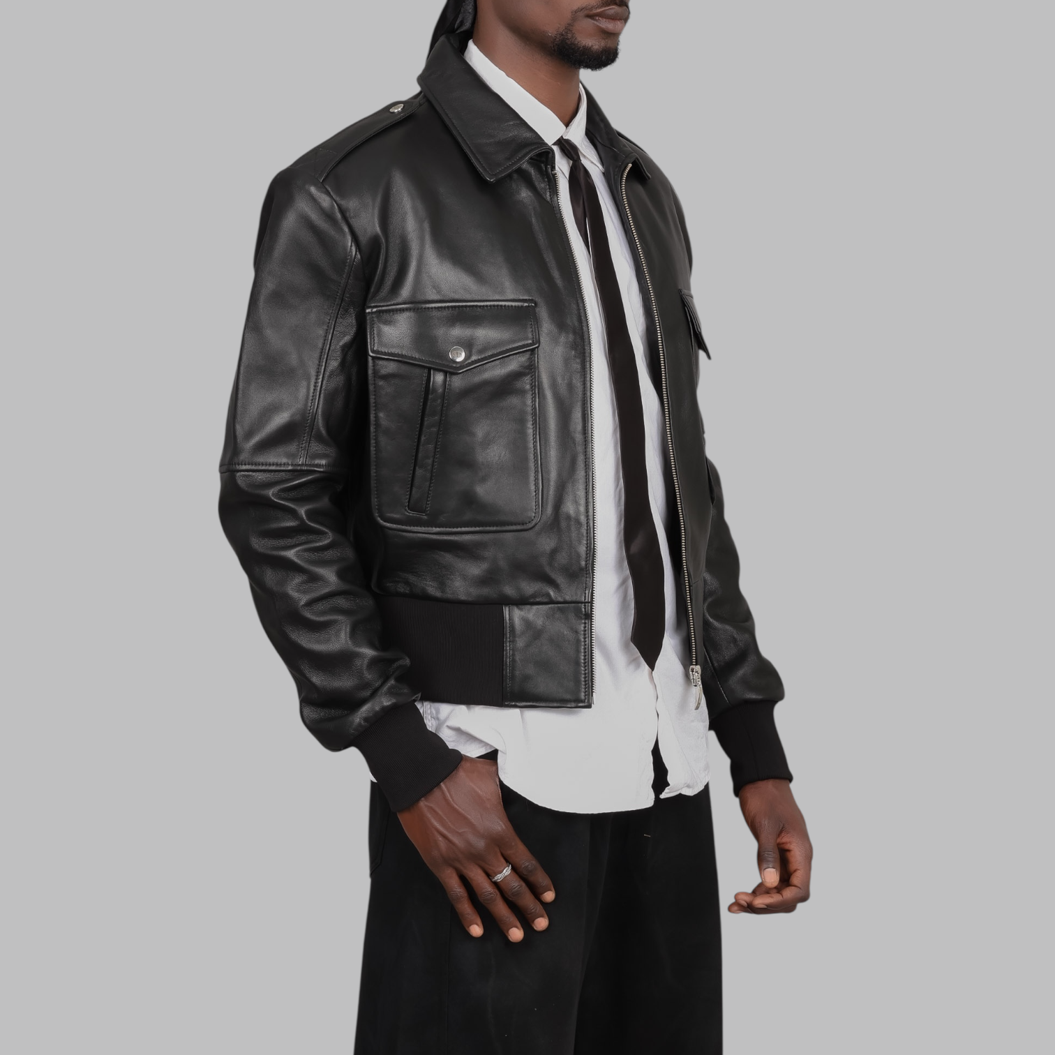 Blaatan The Marshal Flight Edition Obsidian Black Aviator Bomber Leather Jacket for Men 005