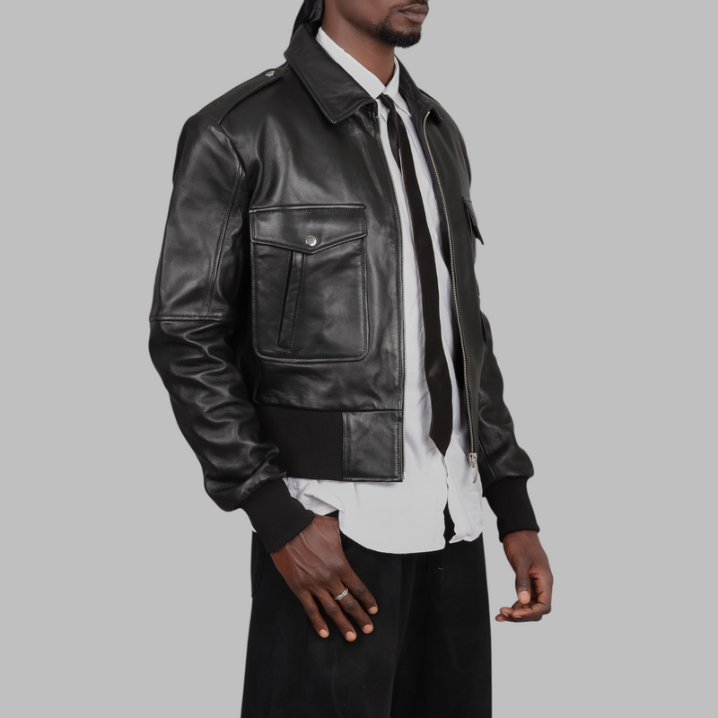 Blaatan The Marshal Flight Edition Obsidian Black Aviator Bomber Leather Jacket for Men 005