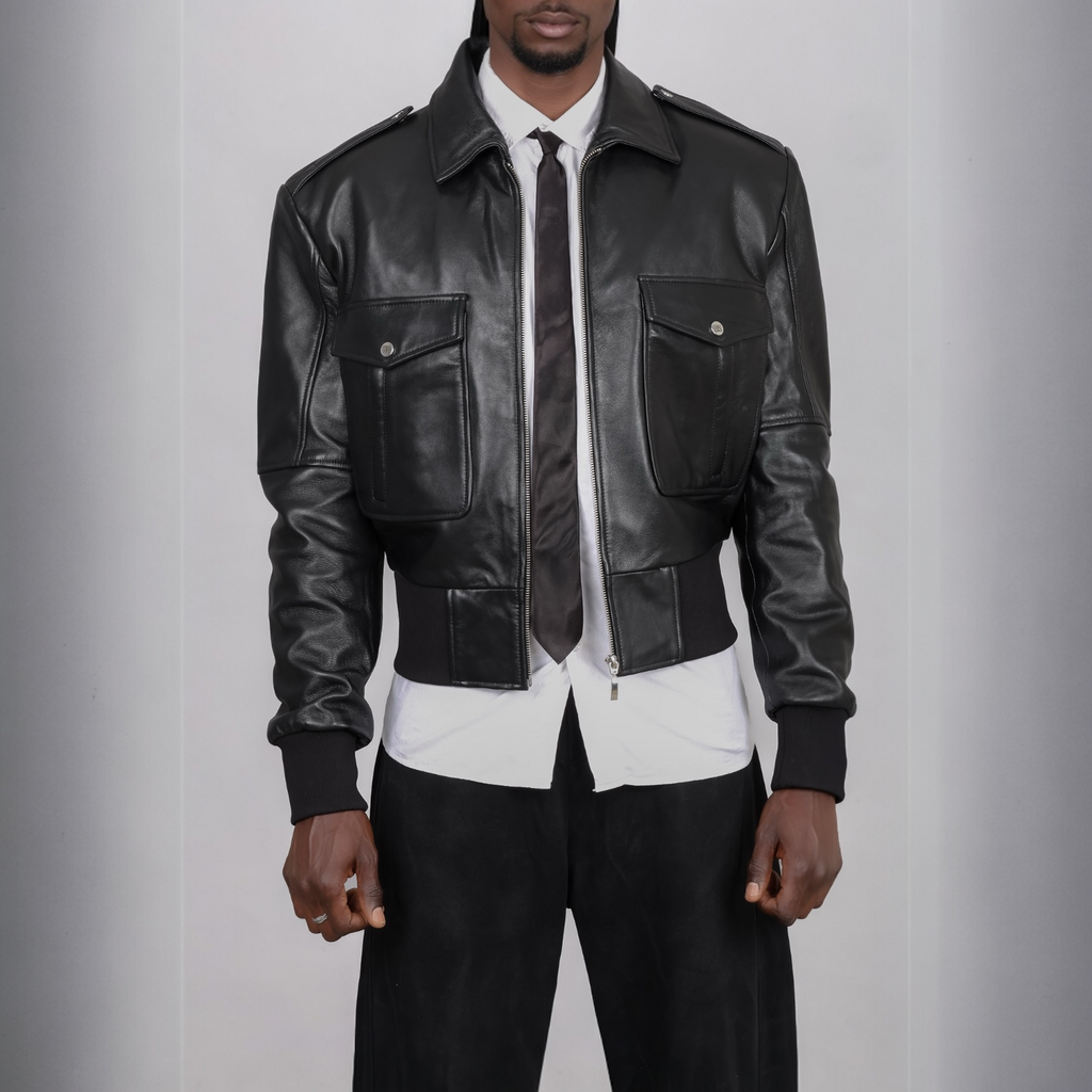 Blaatan The Marshal Flight Edition Obsidian Black Aviator Bomber Leather Jacket for Men