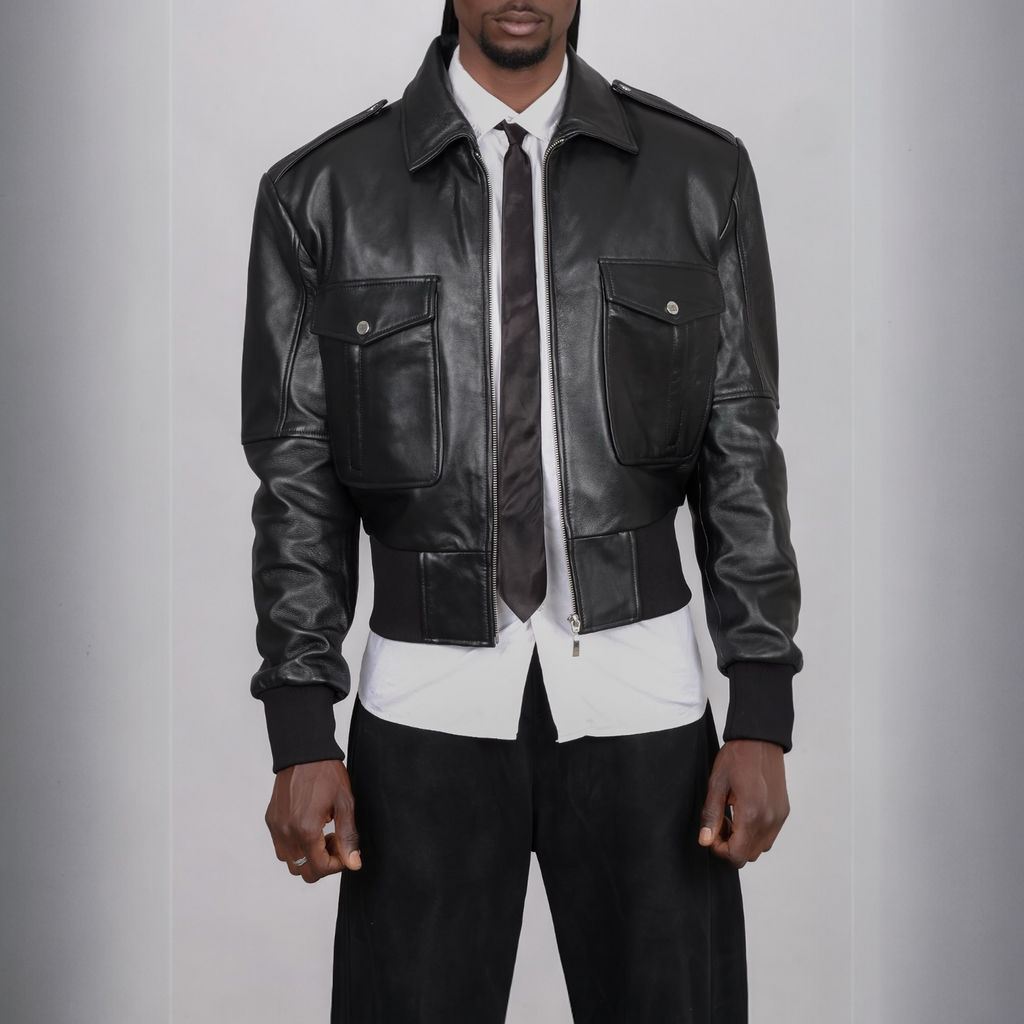 Blaatan The Marshal Flight Edition Obsidian Black Aviator Bomber Leather Jacket for Men