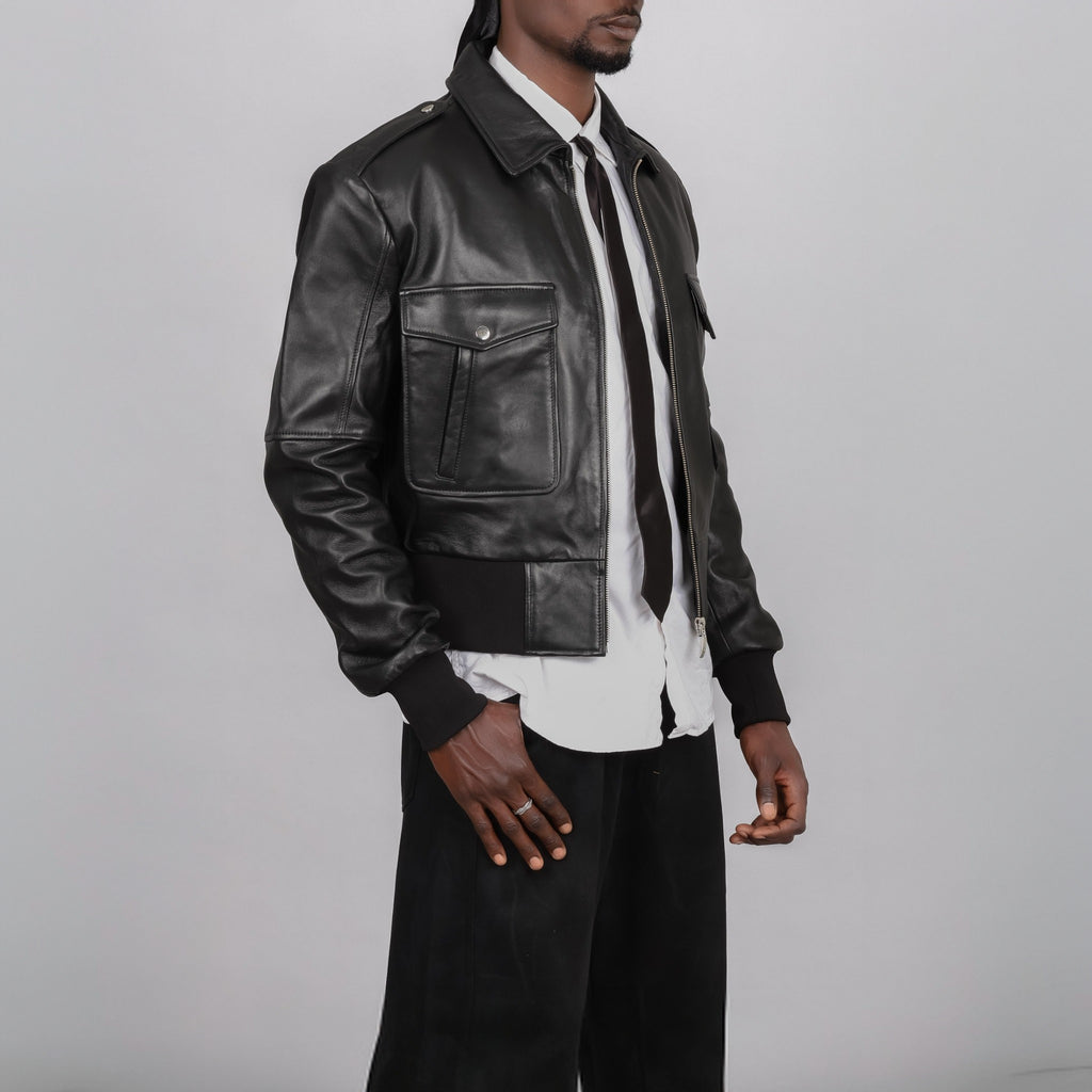 Blaatan The Marshal Flight Edition Obsidian Black Aviator Bomber Leather Jacket for Men