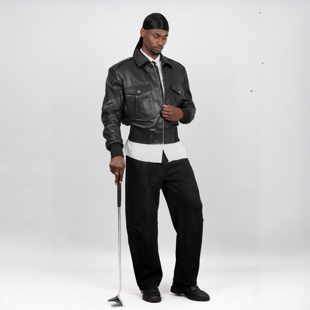 Man wearing a black leather jacket and pants holding a golf club on a white background. Blaatan The Marshal Flight Edition Obsidian Black Aviator Bomber Leather Jacket for Men