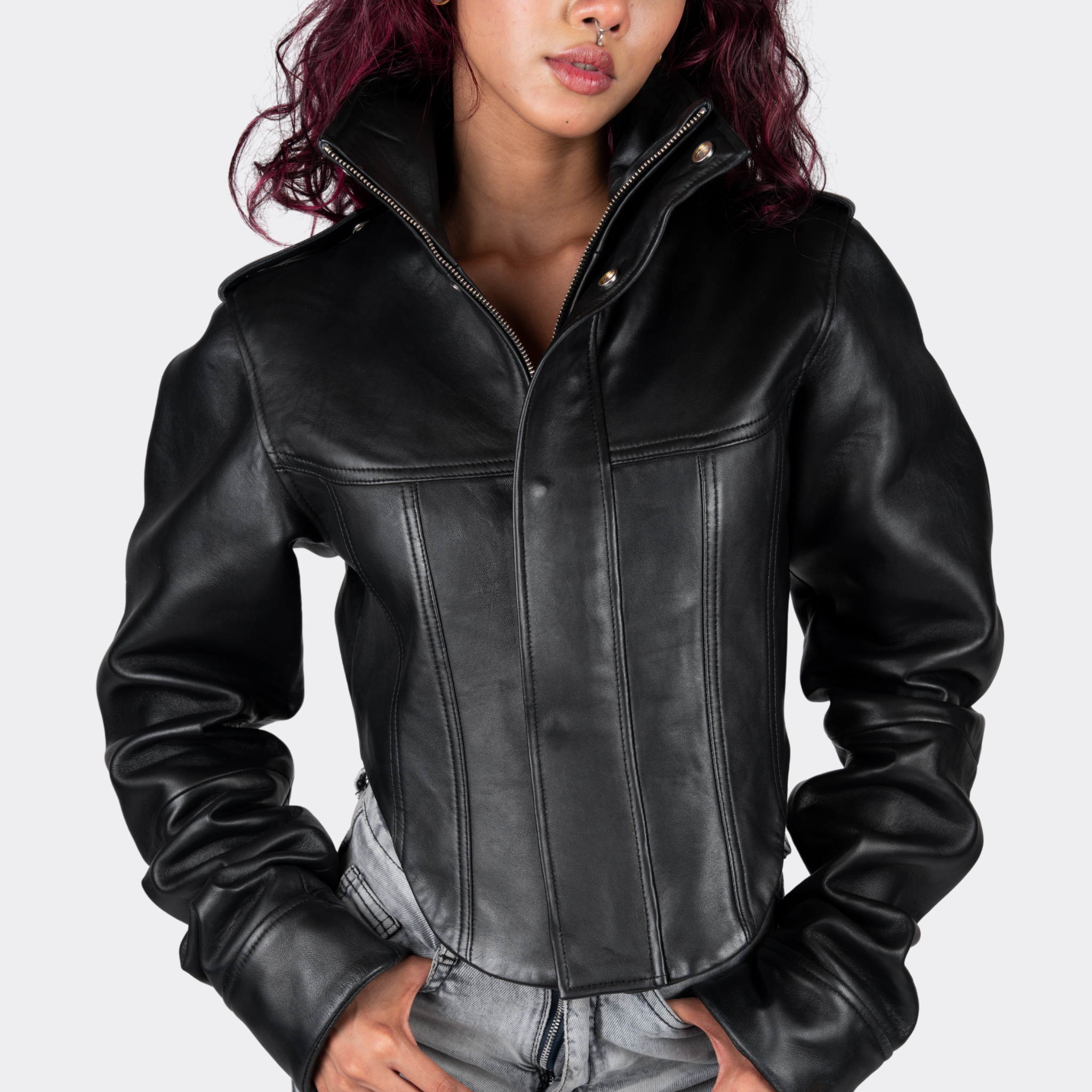 Person wearing a black leather jacket on a plain background Blaatan The Silene Corset Edition Obsidian Black Corset Style Biker Leather Jacket for Women