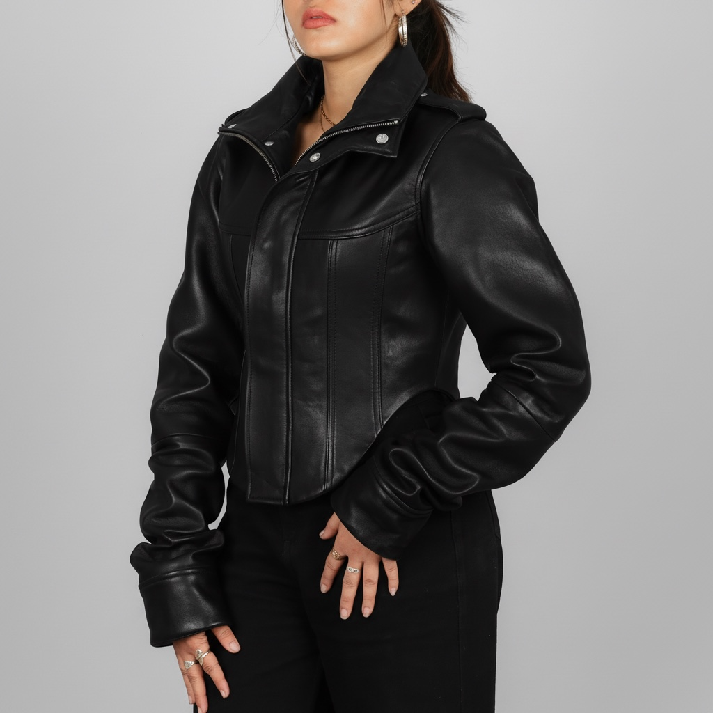Black leather jacket worn by a person on a gray background Blaatan The Silene Corset Edition Obsidian Black Corset Style Biker Leather Jacket for Women