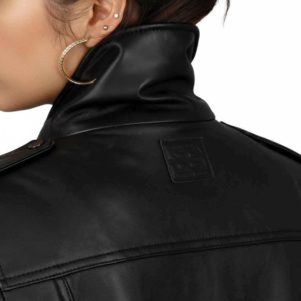 Close-up of a person wearing a black leather jacket with a brand logo on a white background Blaatan The Silene Corset Edition Obsidian Black Corset Style Biker Leather Jacket for Women